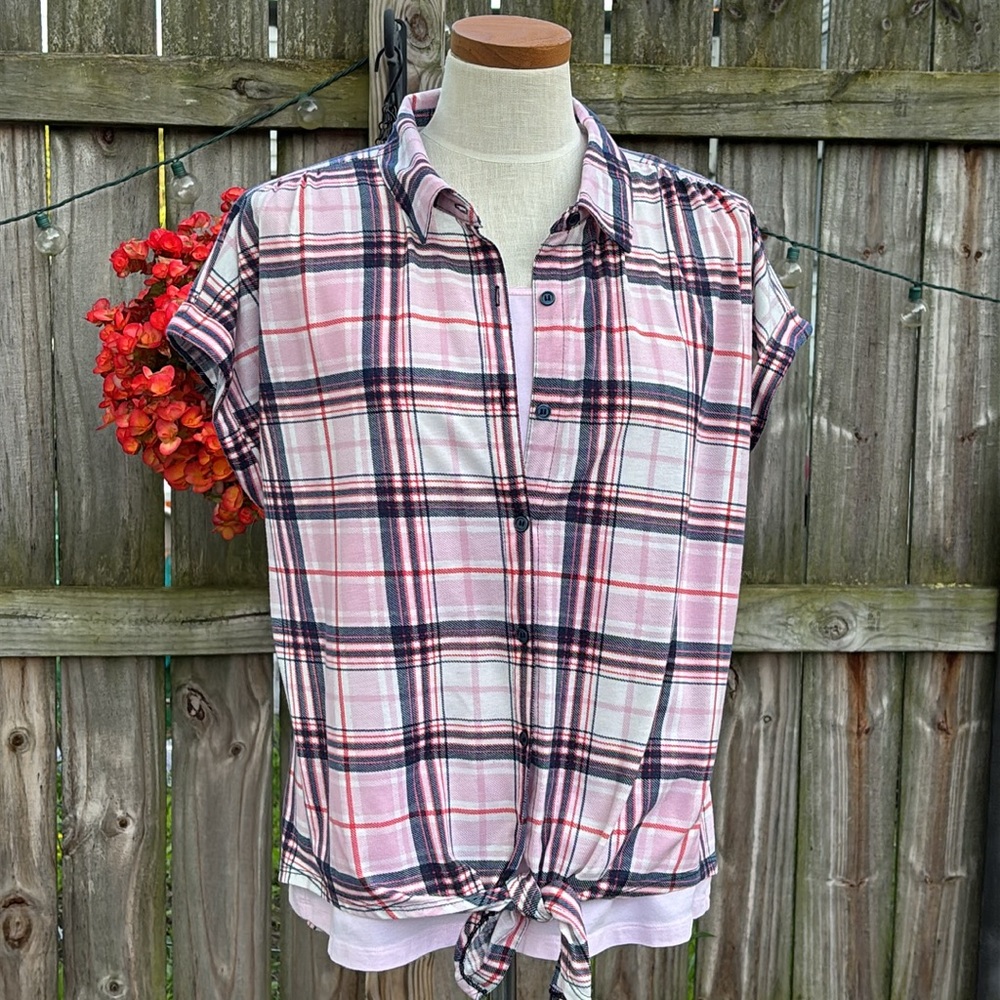 New York Laundry Pink and Black Plaid Shirt with tank top